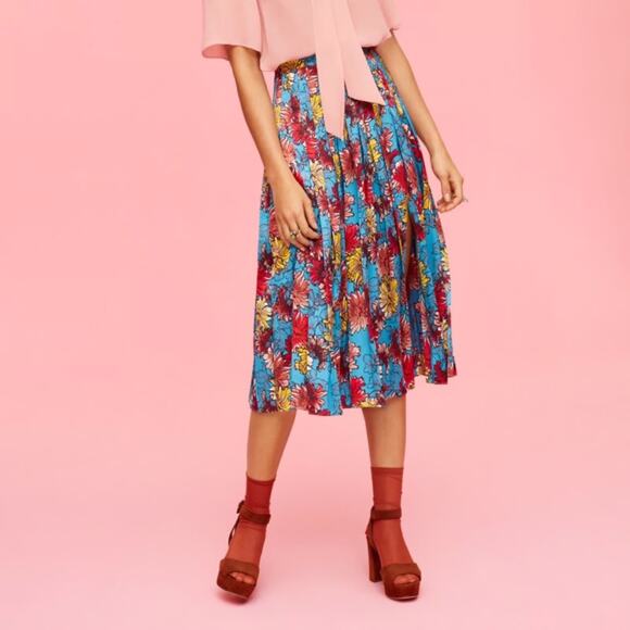 Aritzia Little Moon Olyra Floral Pleated Midi Skirt Blue Multi Size 0 (XS) - Picture 1 of 9